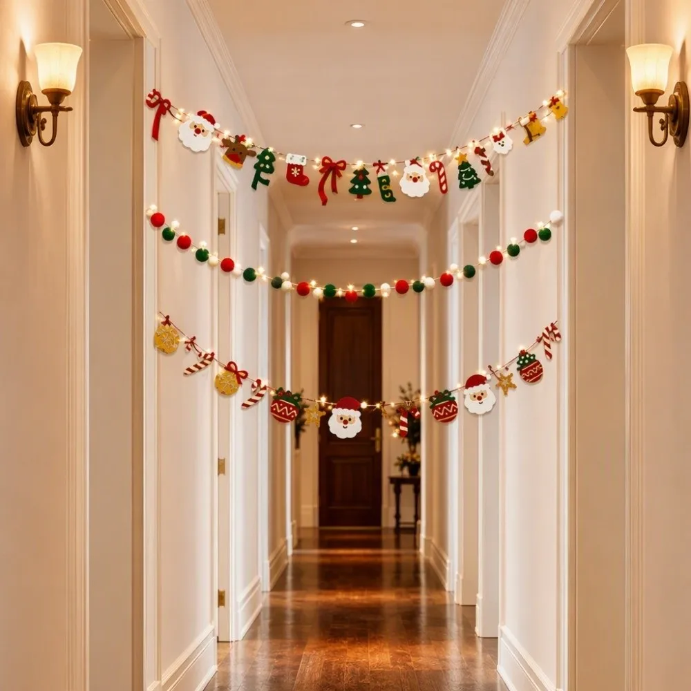 LED Light String Luminous Christmas Banner Felt Material DIY Garland Handmade Polyester Pull Flag Fireplace Mantel
