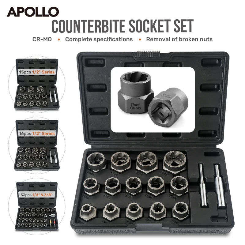 

Apollo 15/16/33Pcs 1/2" 1/4" & 3/8" Drive Reverse Thread Impact Socket Set for Professional Mechanic & Auto Repair Tools