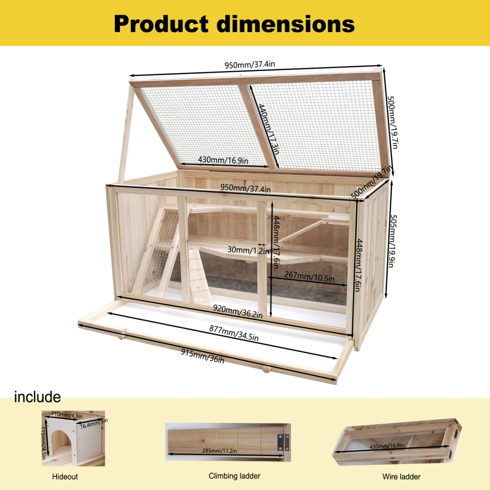 Ye Large Wooden Hamster Cage with Acrylic Windows, Multi-Level Small Pet Habitat with Deep Tray, Ventilated Hutch for Syrian, Dwarf Hamsters, Rabbits, Guinea Pigs & Chinchillas view 6