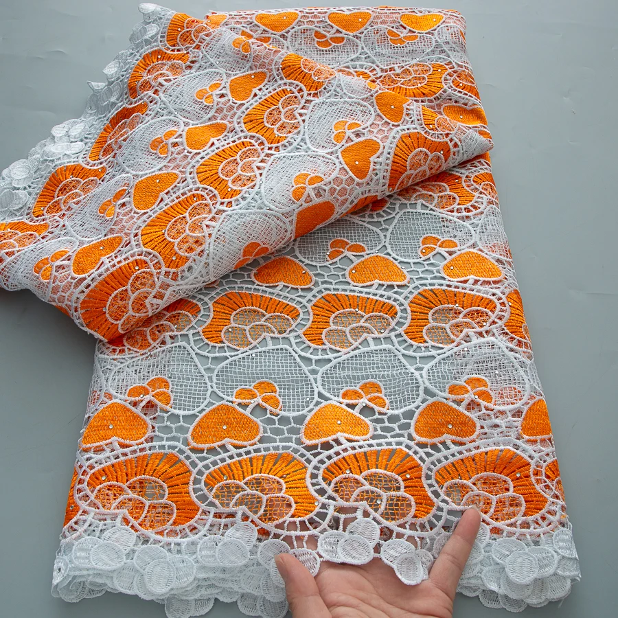

2025 African Guipure Lace Fabric Rhinestones Knitted 5 Yards Nigerian Cord Lace Fabric High Quality Party Dress for Women A4216