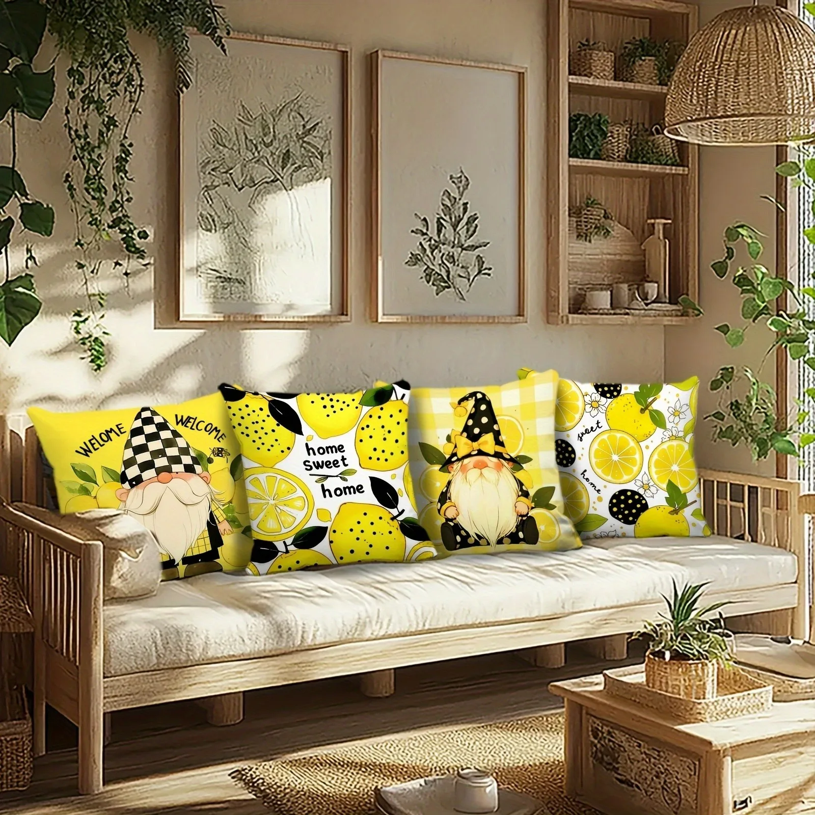 

Наволочка с лимонным гномом, желтый плед и фруктовый дизайн, чехол для подушки для домашнего декора в фермерском доме