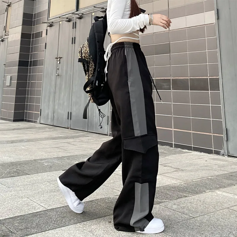 Women's Black Gothic Baggy Cargo Pants Jogger Harajuku 90s Aesthetic Y2k 2000s Oversize Parachute Pants Vintage Trousers Clothes