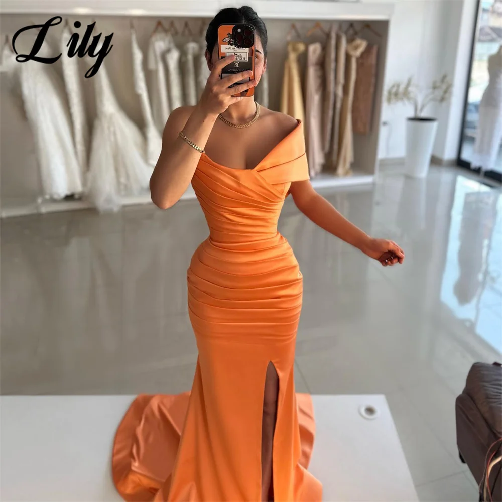 Lily Orange Prom Dress One Shoulder Stain Celebrity Dresses Side Split Evening Dress Trumpet Pleats Formal Gown Dresses 프롬 드레스