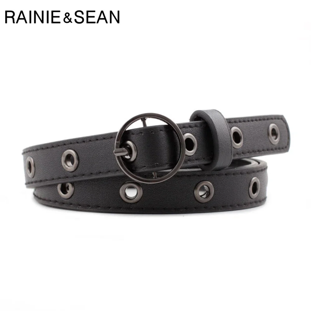 

RAINIE SEAN Vintage Belts for Jeans Women Round Buckle Thin Leather Belt Female Hollow Out Black Ladies Strap Narrow Belt Holes