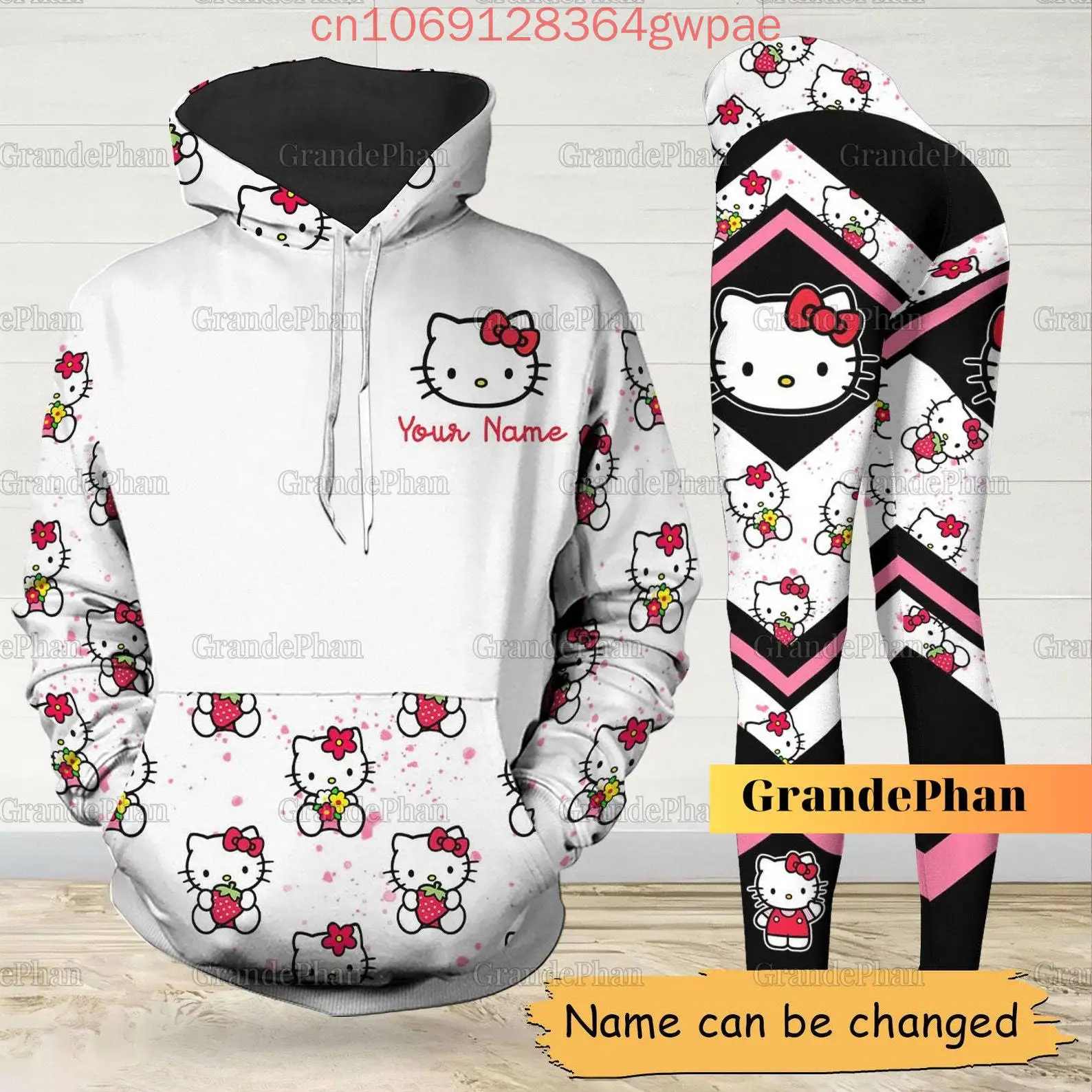 Hello Kitty Damen 3D-Druck Hoodie Legging Set Casual Y2k Damen süße Yoga Hose Sweatshirt Mode Sportanzug