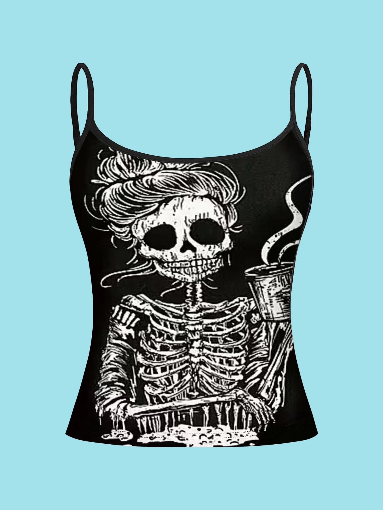 4-Piece Set of Vintage Tarot-Style Skeleton Character Text Print Camisoles, Black and White Hand-Painted Skeleton Portraits with English Slogans, Women's Slim-Fit Spaghetti Strap Sleeveless Tops for Outerwear or Layering