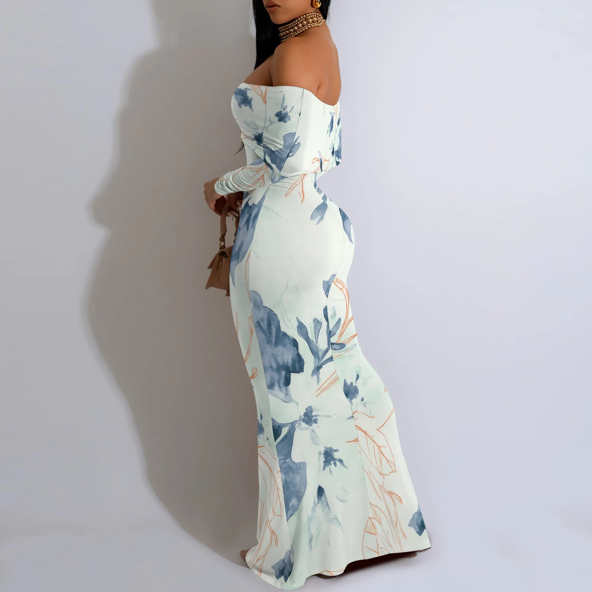 Women Formal Off Shoulder African Prints Sexy Bodycon Dresses Fashion Long Sleeve Backless Temperament Long Club Party Dress