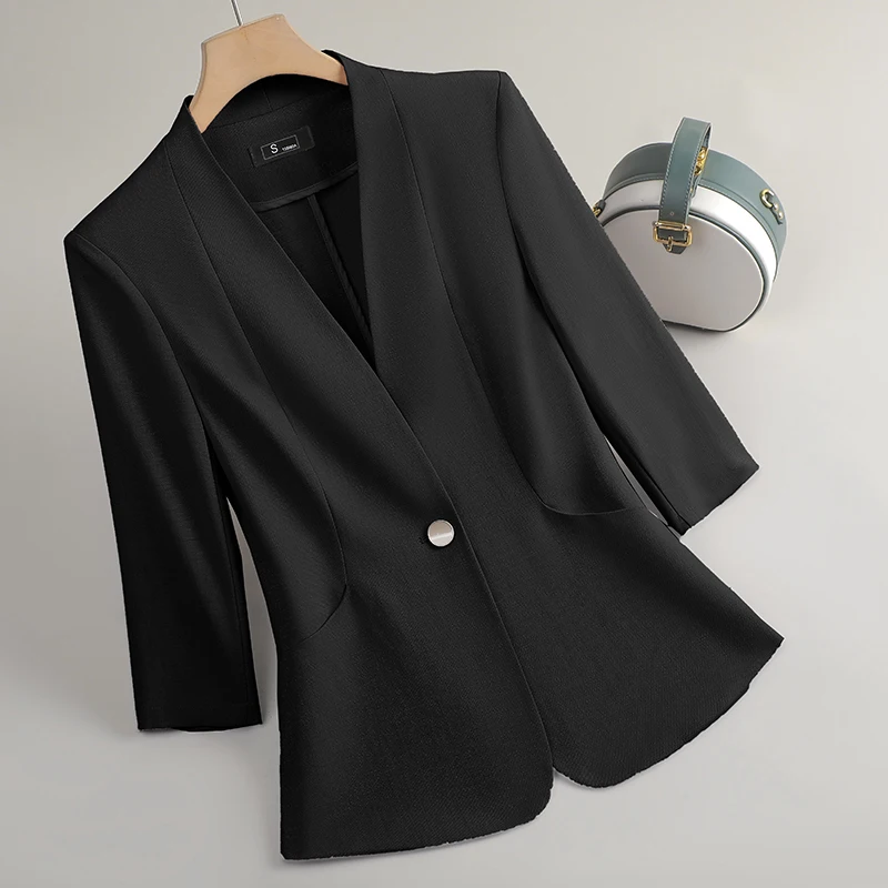 

Весенне-осенний черный, белый цвет, элегантный пиджак на одной пуговице с v-образным вырезом, женские розовые офисные женские пиджаки с рукавами семь четвертей, повседневное пальто