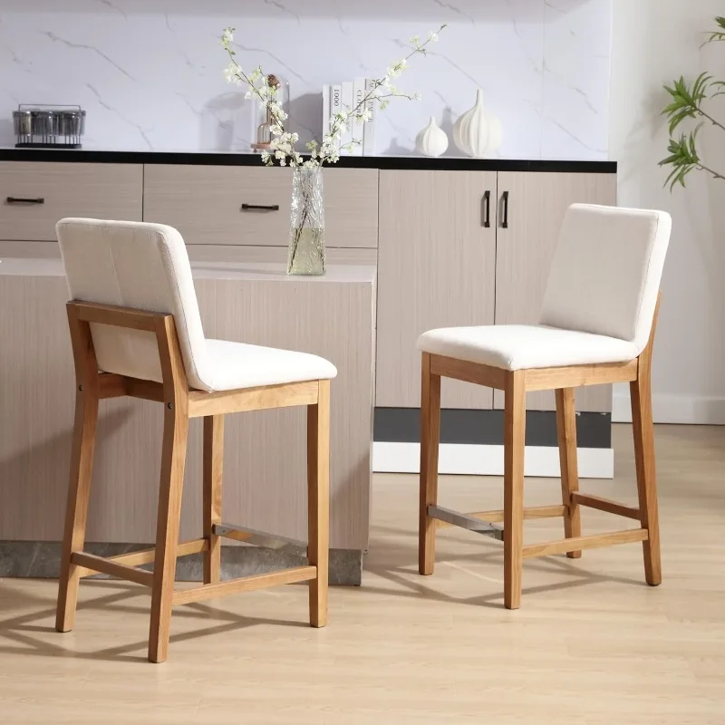 26 Inch Counter Height Bar Stools Set of 2, Upholstered Stools for Kitchen Counter with Back Support Rustic Wooden White