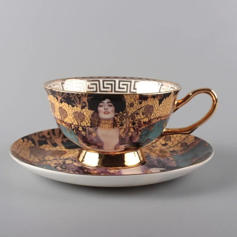 Coffee Cup And Saucer Set Klimt Judith Vintage Bone China Cafe Cup Gustav Klimt Porcelain Tea cups with Spoon Drinkware Coffeewa