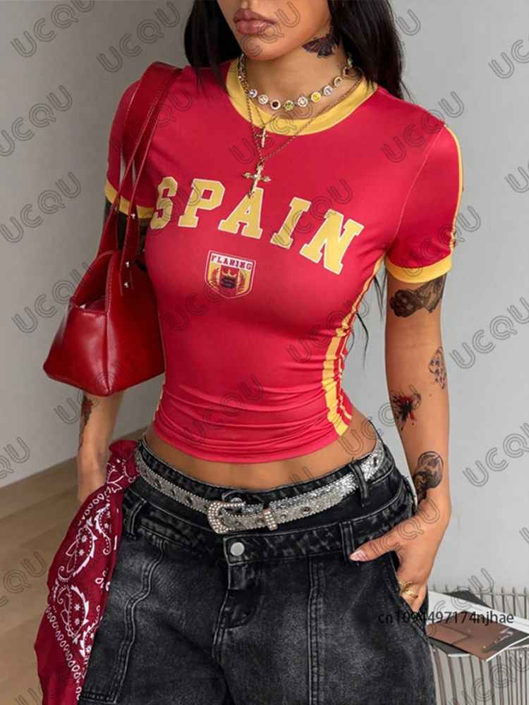 Camiseta con Estampado de España 2026 para Mujer, Verano, Estilo Aesthetic de los 90, Manga Corta, Crop Top, Casual, Streetwear, Vintage, Y2K