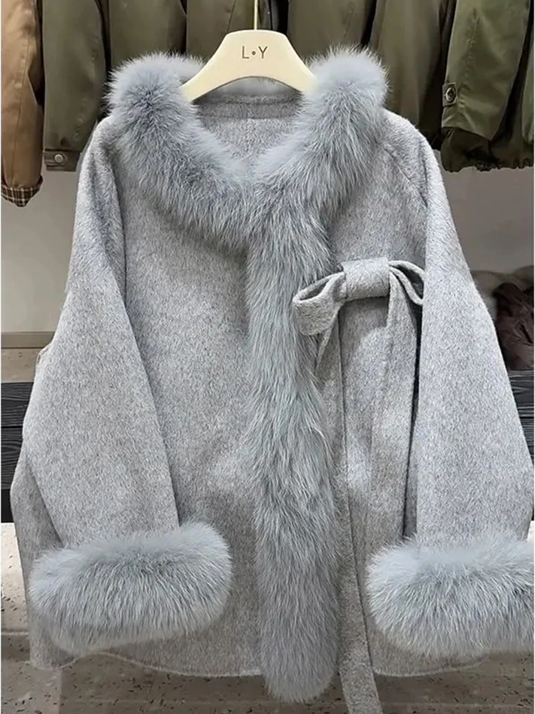 

Sweet Bow Women Woolen Coats Winter Thick Warm Elegant Loose Casual Vintage Outwear Fur Collar Patchwork Baggy Harajuku New Tops