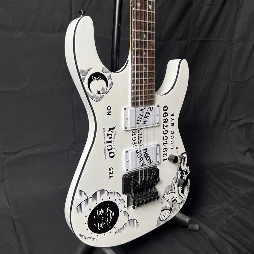 White Color Kirk Hammett Ouija Electric Guitar, Solid Body With Personality Patterm Cover,Black Hardware,Free Shipping