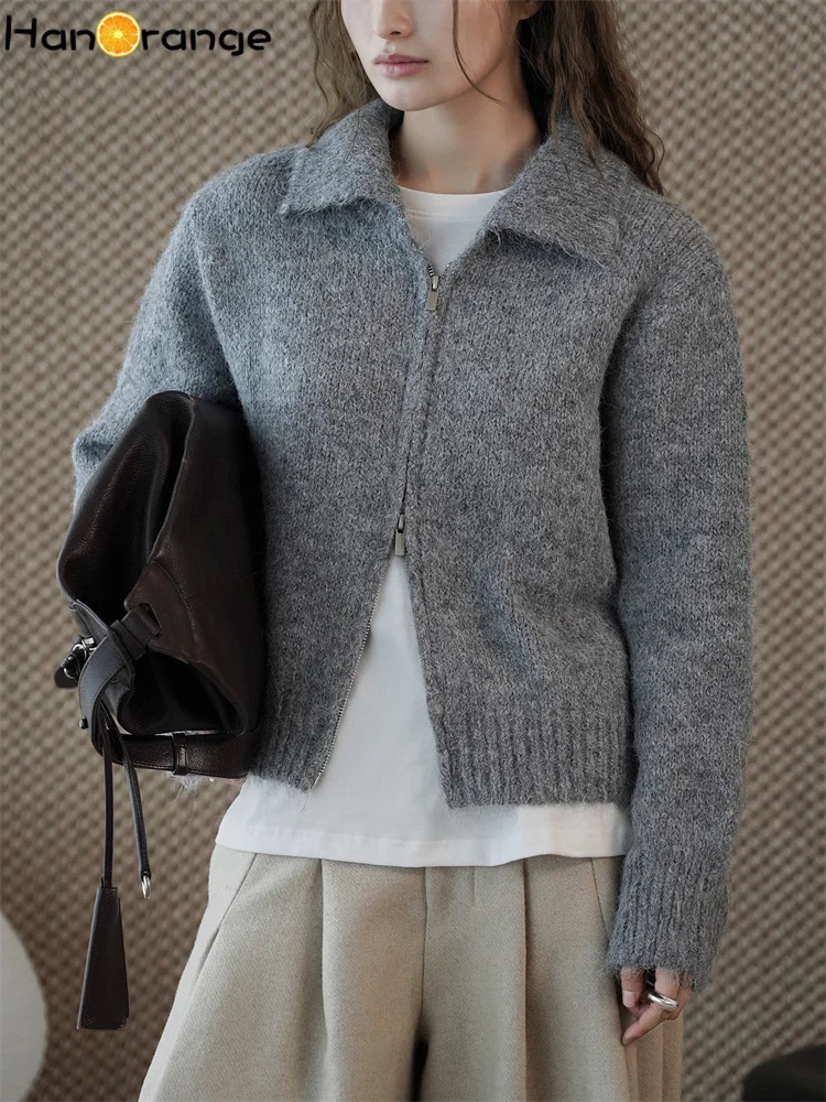 HanOrange 2025 الشتاء الرجعية كسول نمط طوق سستة محبوك رداء علوي من الصوف المرأة لينة الملمس سترة المشمش/رمادي داكن