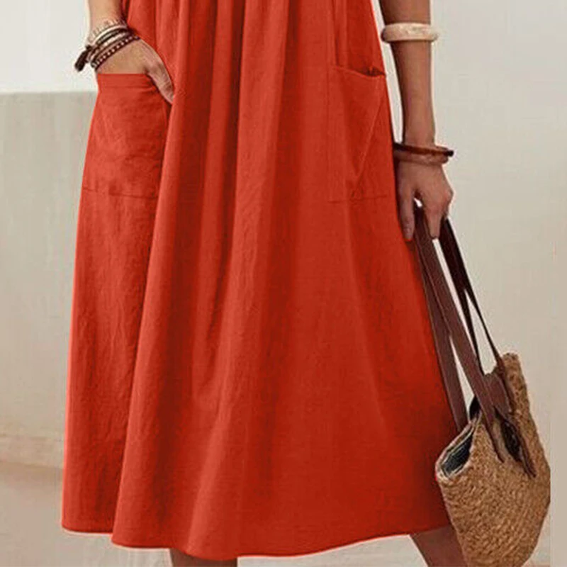

Elegant Women's Summer Large Size Long Dress Solid Plus Size Vintage Short Sleeve Beach Sundress Casual Pockets Maxi Dresses