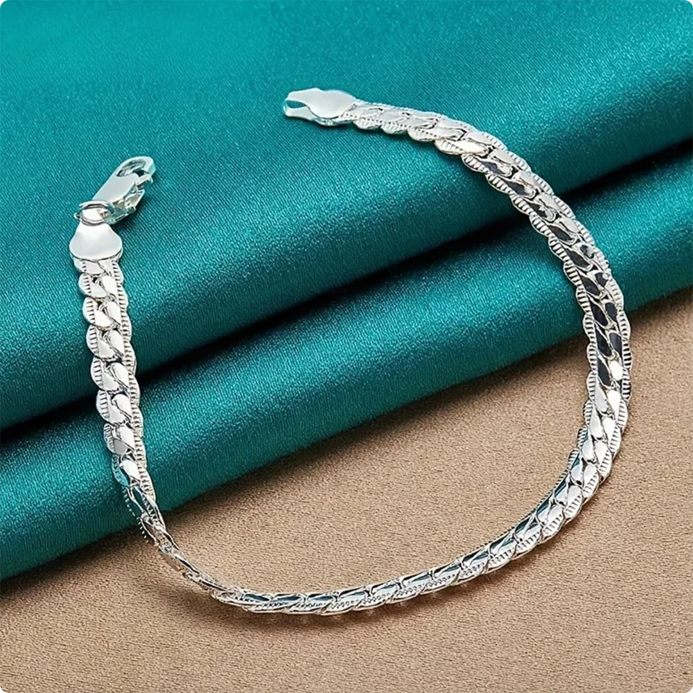 

925 Silver Bracelet 6mm 18/19/20cm Flat Side Chain Lobster Clasp For Woman Man Wedding Engagement Jewelry
