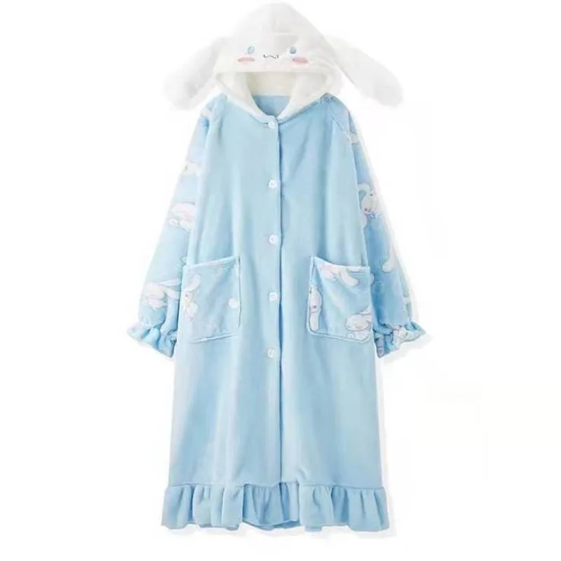 

Winter Anime Cartoon Cinnamoroll Soft Coral Velvet Flannel Loose and Sweet Cartoon Ruffles Cute Hooded Nightgown Home Wear Set