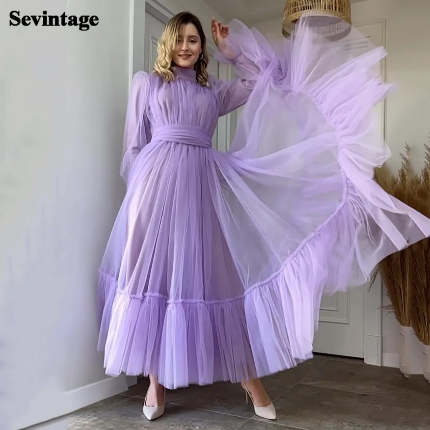 Customized Lilac Lined Long Sleeves Party Dresses A Line  Ankle Length Midi Prom Gowns Tiered Skirt Formal Women Evneing Dress