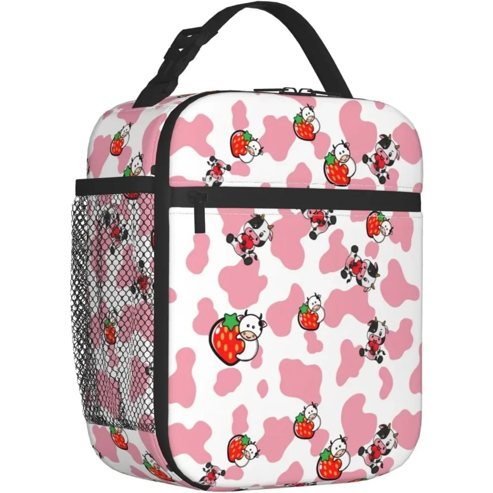 Pink Cows Print Reusable Lunch Box Food Bag Insulated Lunch Bag for Teenage Boys Girls School Beach