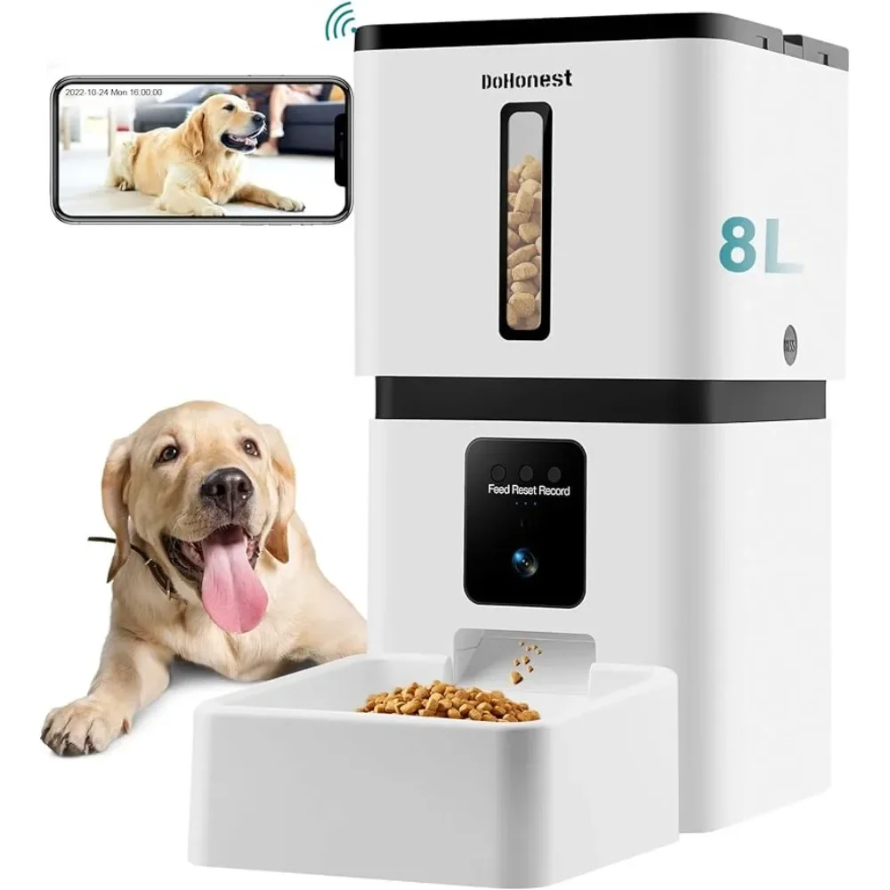 DoHonest Automatic Dog Feeder with Camera: 5G WiFi Easy Setup 8L Motion Detection Smart Cat Food Dispenser 1080P HD