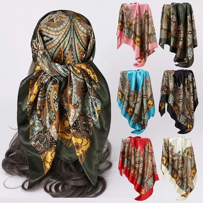 

New Women Fashion Satin Square Head Scarfs Lightweight Neck Scarves Hair Bandana Neckerchief Women's Boho Large Headbands Hijab