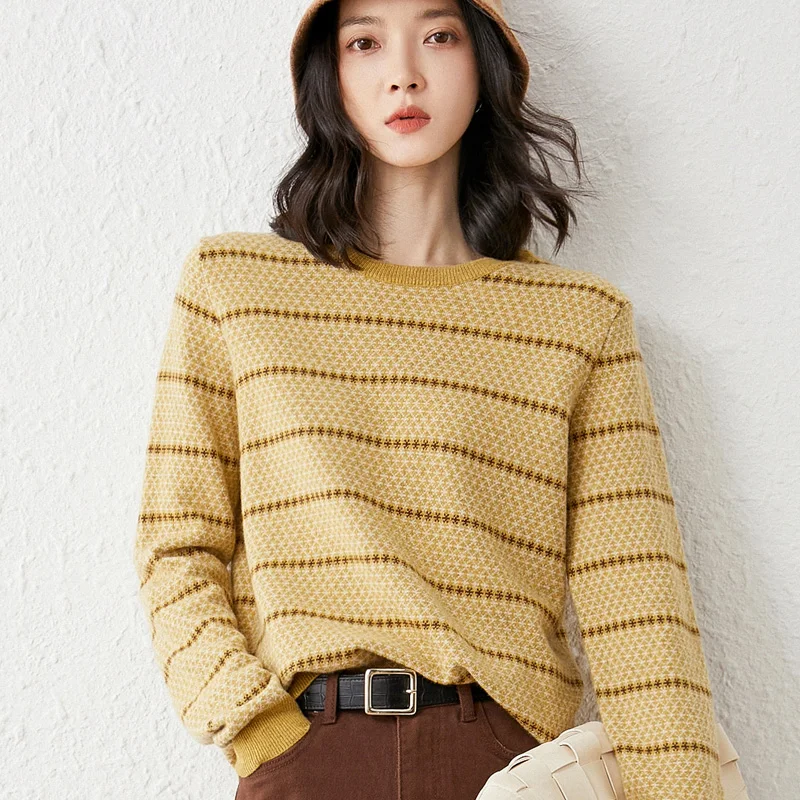 

100% Pure Wool Sweater Woman O-Neck Cashmere Pullover Casual Stripe Knitted Tops Autumn and Winter New Female Jacket Warm