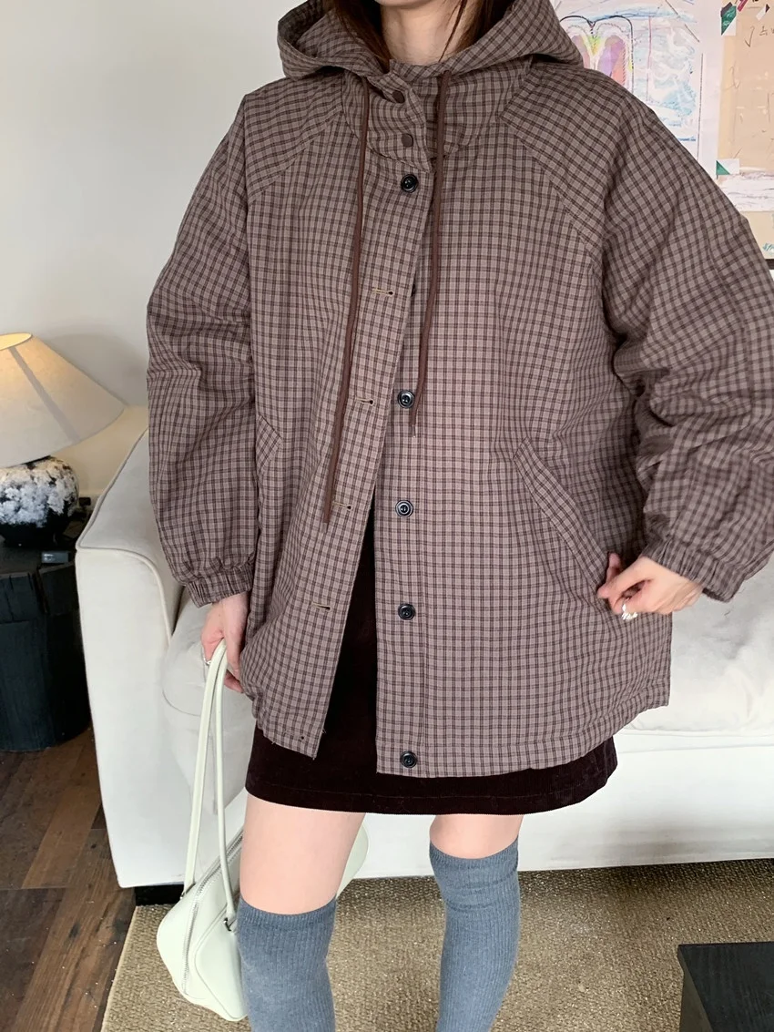 Parki damskie Alien Kitty z bawełny, klasyczne z kapturem, zimowe, codzienne, nowe, w kratę, luźne, szykowne, minimalistyczne, delikatne, do biura, na co dzień, model 2026.