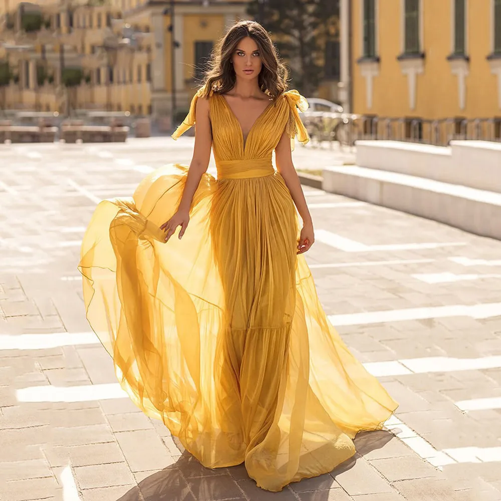 

Vinca Sunny Bow Spaghetti Straps Glod Chiffon Evening Dresses Long V-Neck Backless Floor Length Prom Gown robes de soirée 2023