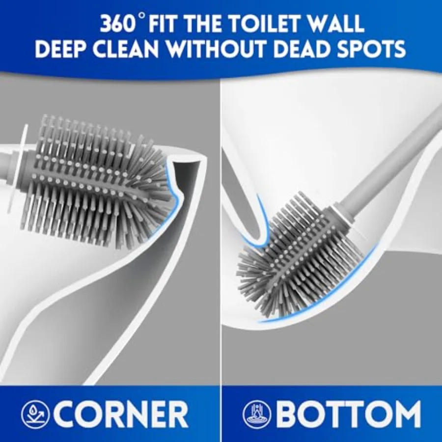 Toilet Brush and Holder Set, Silicone Toilet Bowl Cleaner Brush Bristles, Bathroom and RV Cleaning Tools, Space Saving Toilet S view 3