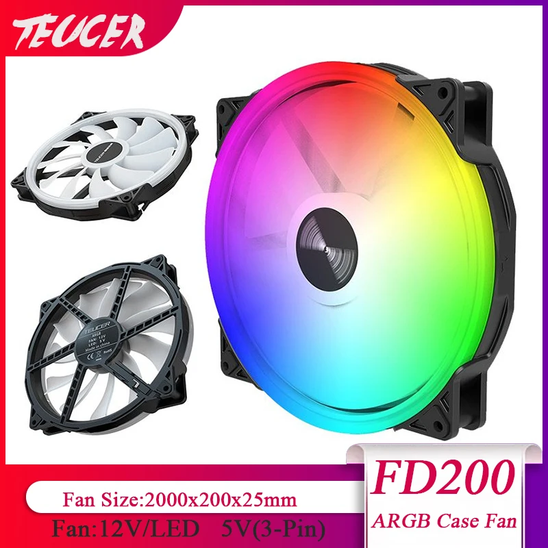 TEUCER 200mm ARGB LED 5V 3PIN wentylator obudowa PC pulpit PC obudowa PC akcesoria chłodnica FD200 wentylator do obudowy komputera wentylatory chłodzące