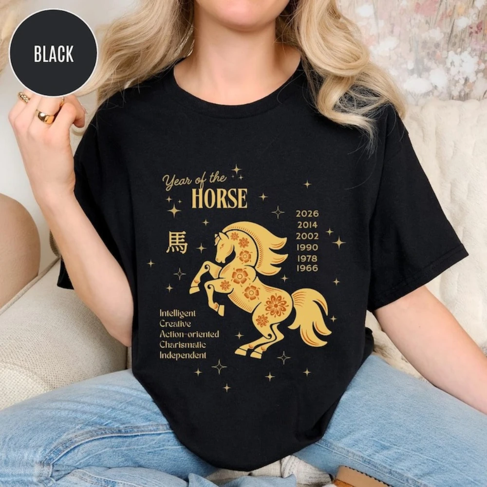 Year of The Horse Shirt New Year Lucky Charm Tee Zodiac Sign Personality Tshirt Women Holiday Casual Tops Horse Printed T-shirt