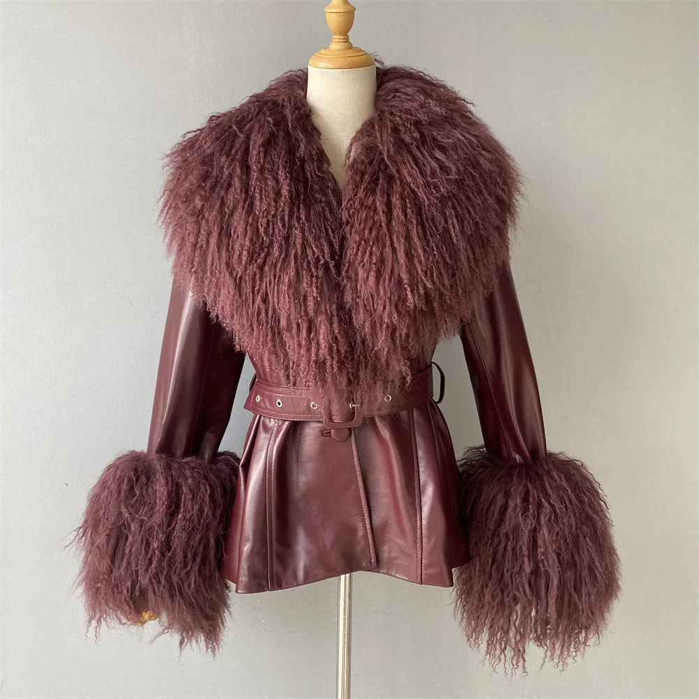Jxwatcher Genuine Leather Jacket for Women Real Mongolian Fur Collar Cuffs Ladies Real Sheepskin Coat with Belt Spring Outerwear