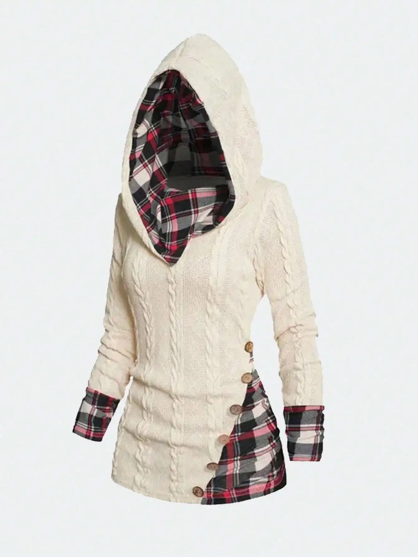 

Women's Plaid Patchwork Cable Knit Hoodie with Buttons, Fall Long Sleeve Pullover