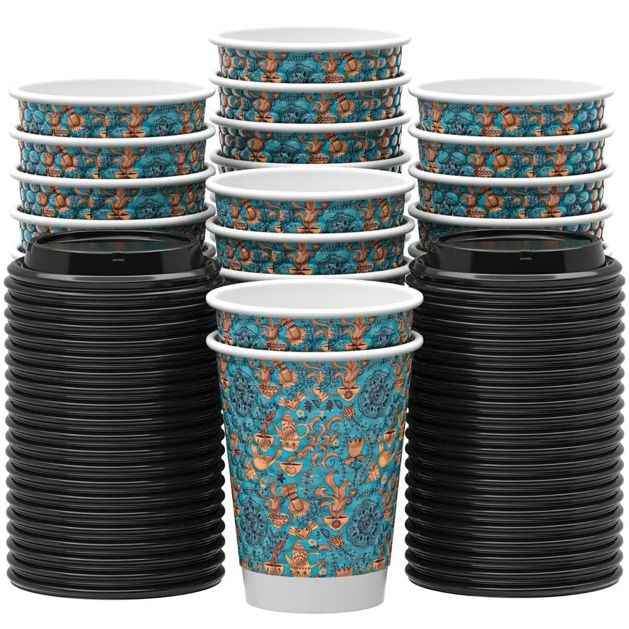 

Disposable Paper Coffee Cups with Lids, 100 pack 12 oz Embossed Paper Cups, Double Wall Insulated Takeaway To Go Hot Drinking Cu
