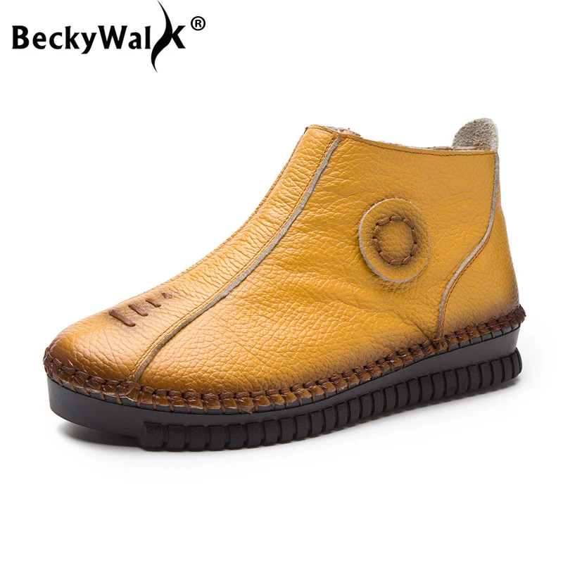 

Женские зимние ботинки BeckyWalk из натуральной кожи, винтажные ботинки на плоской подошве, мягкие зимние женские ботинки из воловьей кожи, женские ботильоны WSH3075