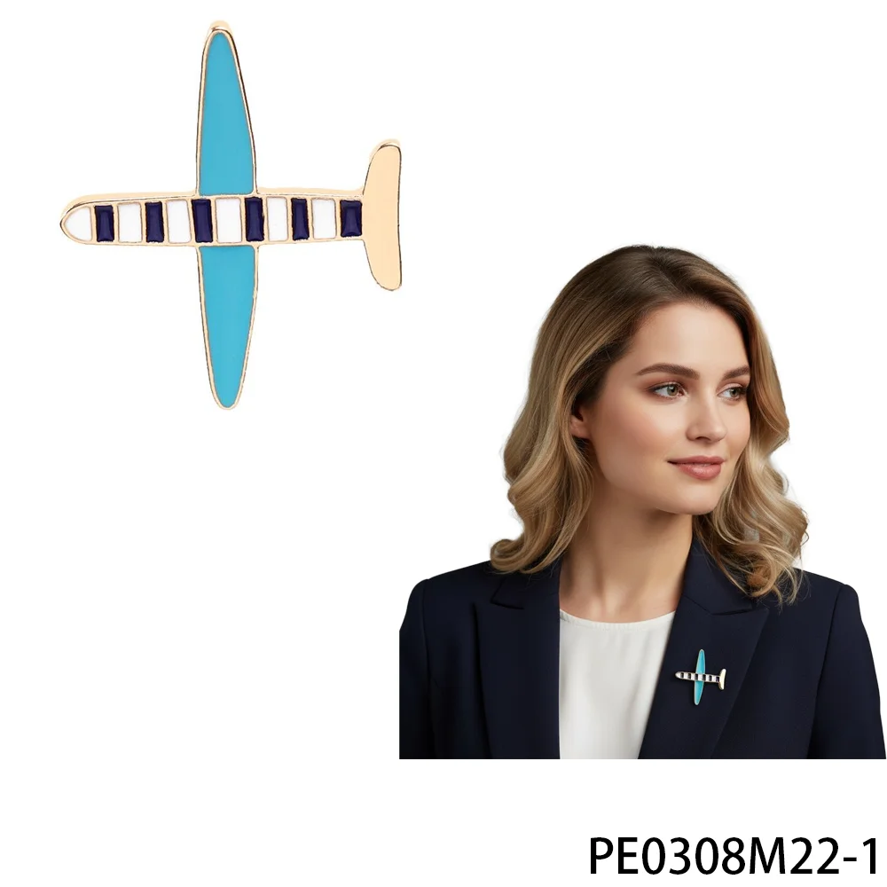 بروش طائرة من المينا باللون الذهبي من PESENAR مع تفاصيل فيروزية نابضة بالحياة وكحلي وأبيض - إكسسوار أنيق مستوحى من الطيران