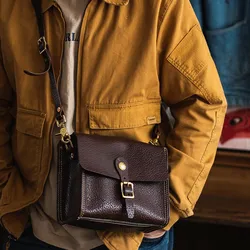 Retro fashion designer first layer cowhide  men's small diagonal bag outdoor daily work natural genuine leather shoulder bag