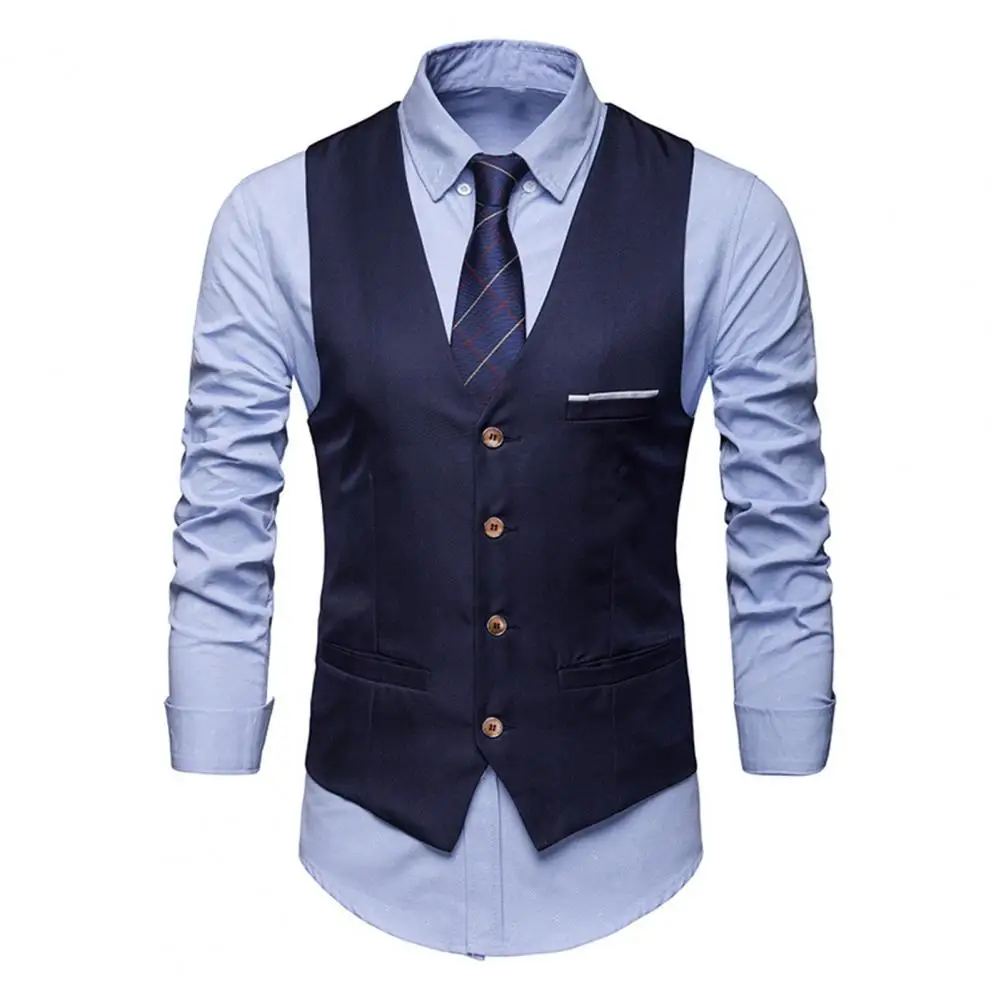 Gilet da uomo formale da lavoro senza maniche con scollo a V Cardigan Slim Fit monopetto tasche in tessuto setoso gilet da sposa sposo