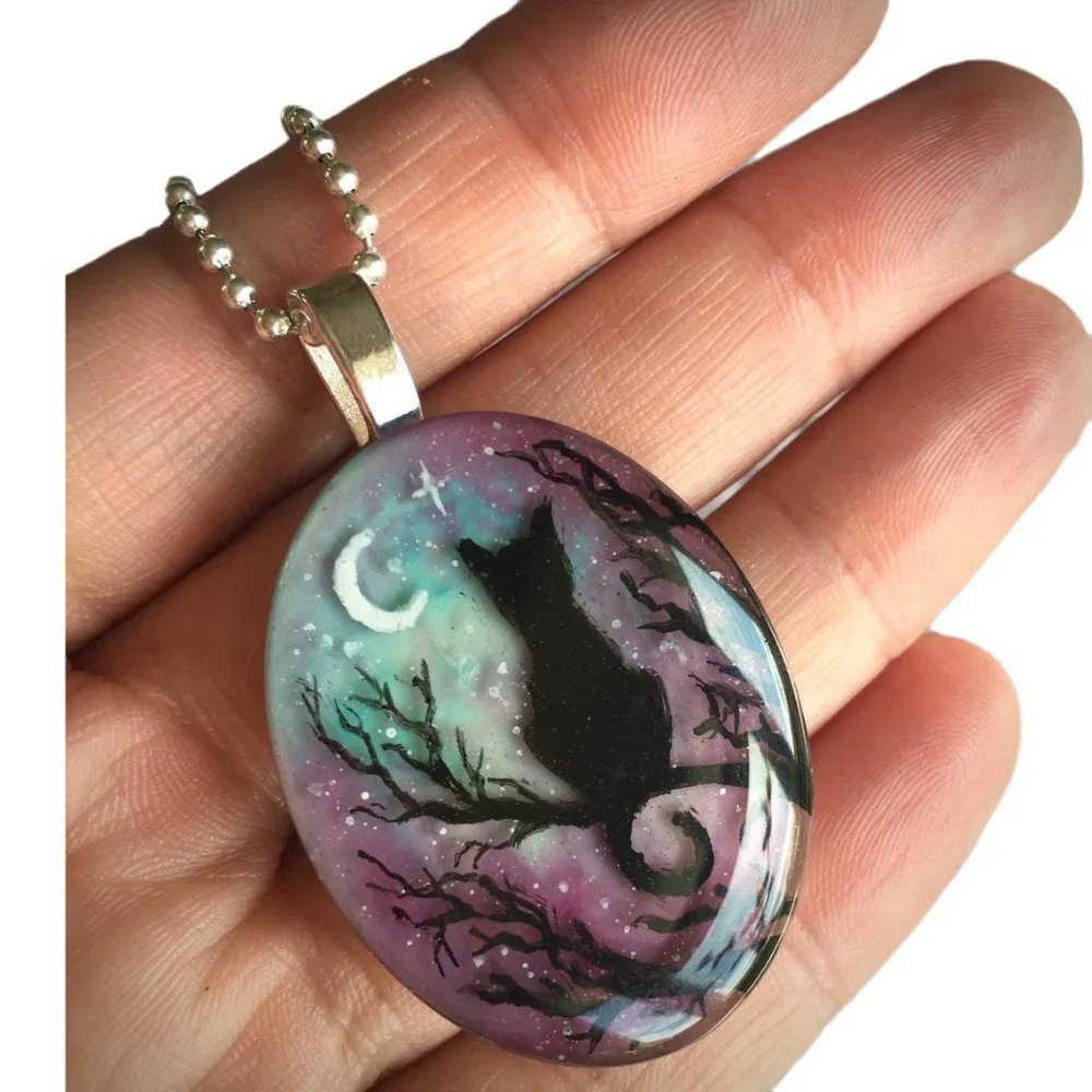Gothic Geometry Oval Hand-drawn Nocturne Moon Star Cat Resin Pendant Silver Color Bead Chain Necklace for Women Jewelry Gifts
