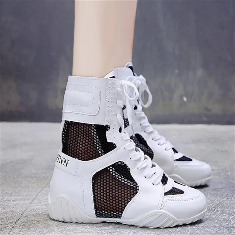 Ladies Canvas Shoes Autumn Lace Up Platform Female Mesh Sneakers Breathable Fishnet Patch Casual Women\'s Sport boots