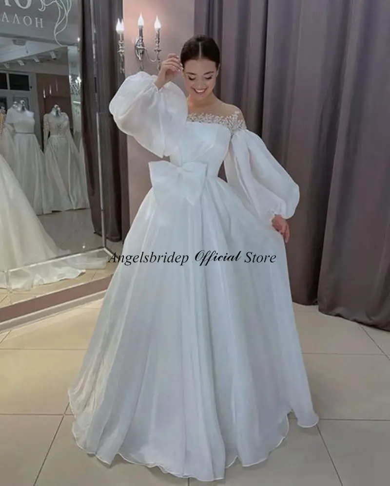 Angelsbridep Strand Organza Sweep Zug Hochzeit Kleid Puff Ärmeln Spitze Appliques Bohemian Brautkleider Vestidos De Novia