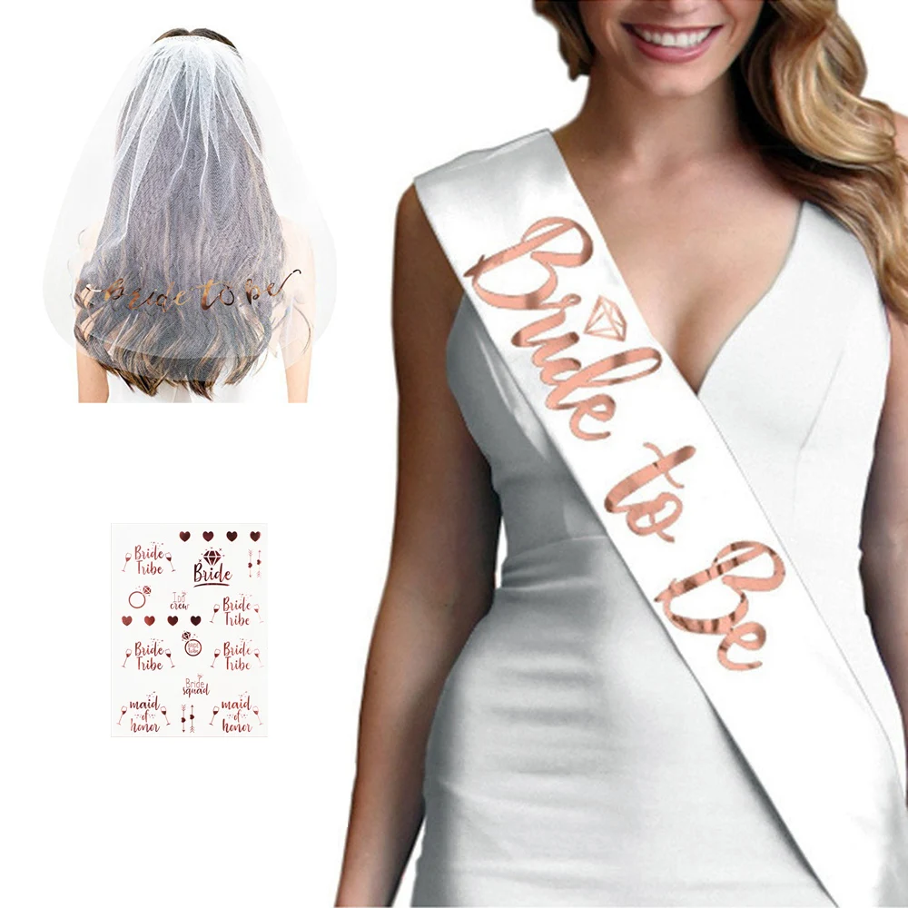 Bride To Be Veil Satin Sash Wedding Decorations Bridal Shower Balloon Hiarband Tattoo Stickers Girl Bachelorette Party Decora