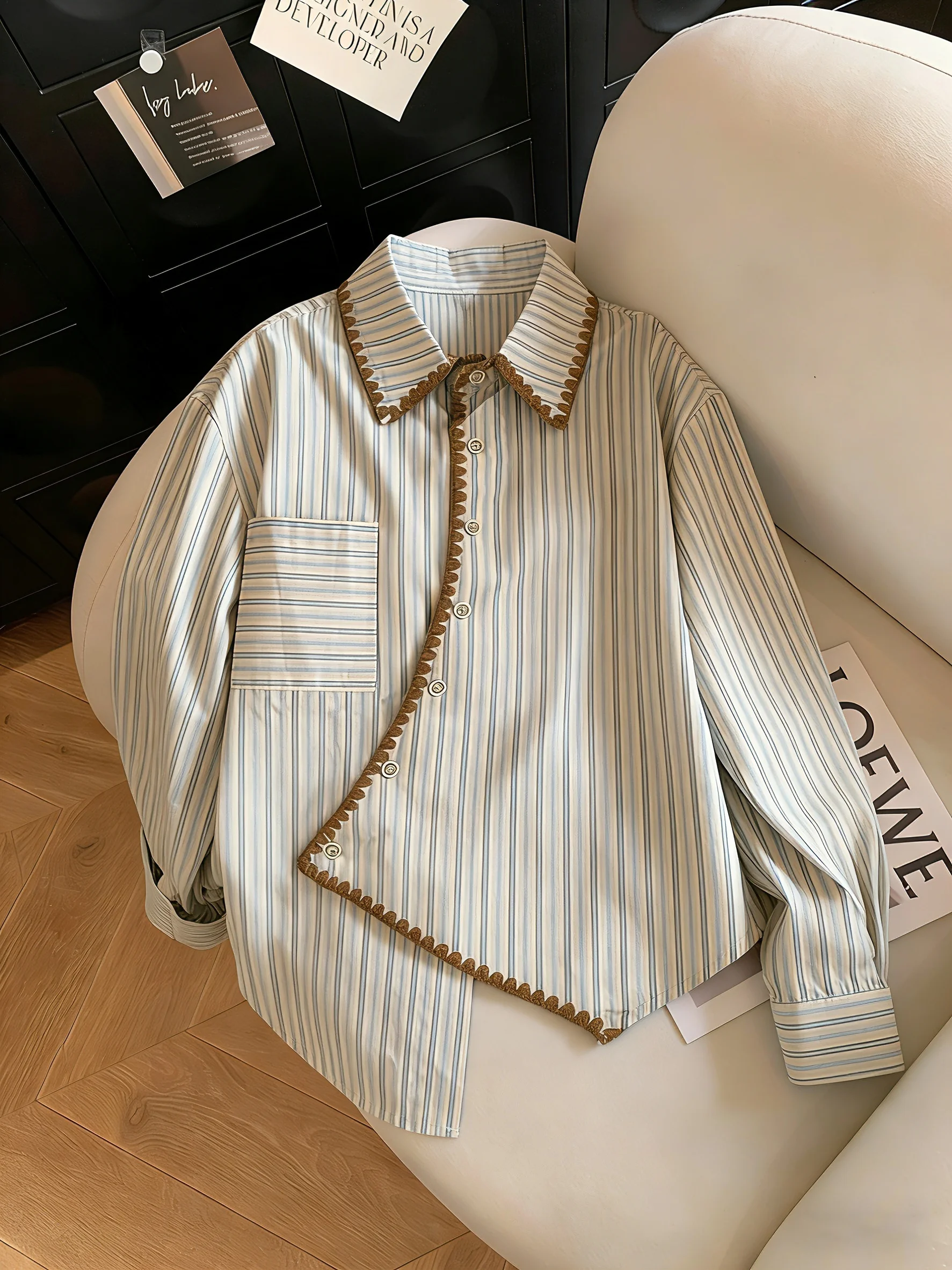 

Винтажная рубашка унисекс с асимметричными полосками и воротником, свободного кроя, для весны и осени, для многослойных образов, для мужчин и женщин