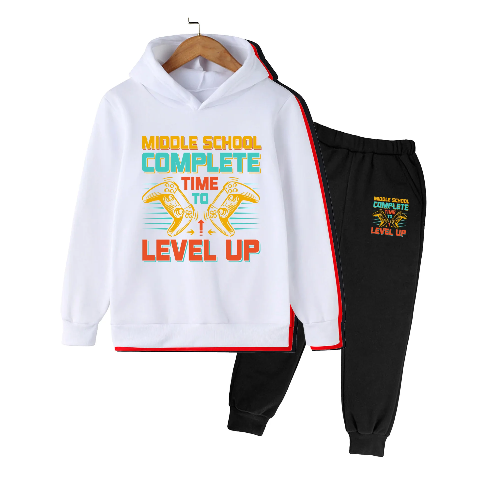 Boys Girls Hoodie & Sweatpants Set, Middle School Complete Level Up Gaming Print Casual Outfit