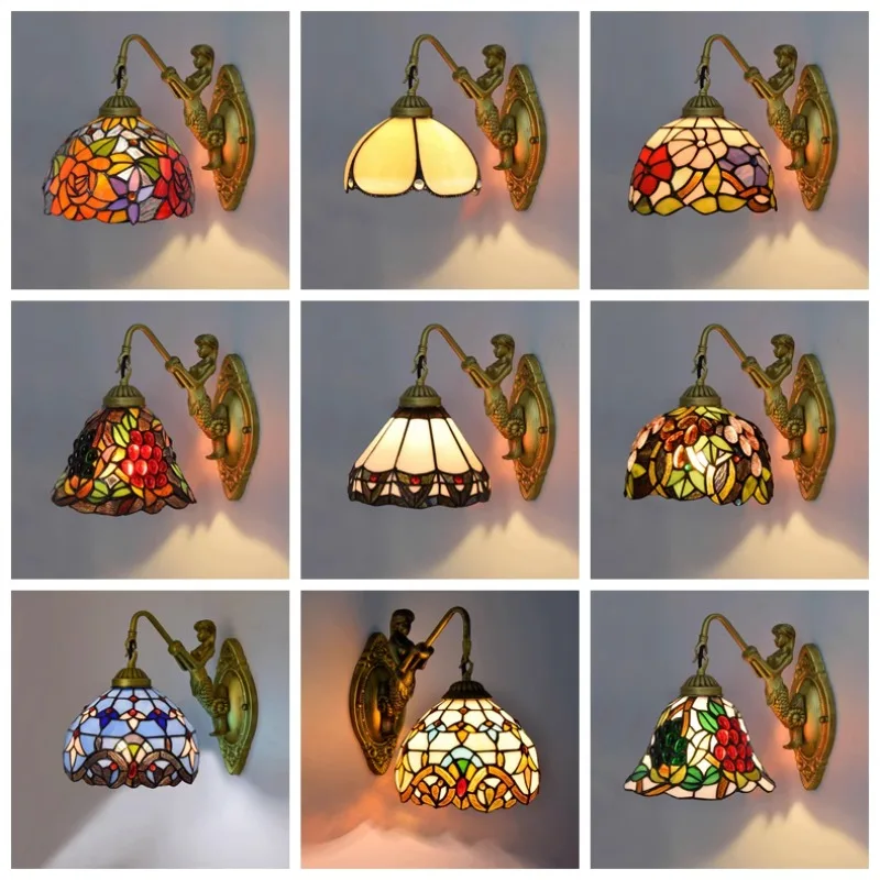 American Colored Glass Wall Lamp European Mediterranean Corridor Bar Hallway Patio Bedroom Stained Glass Staircase Wall Light