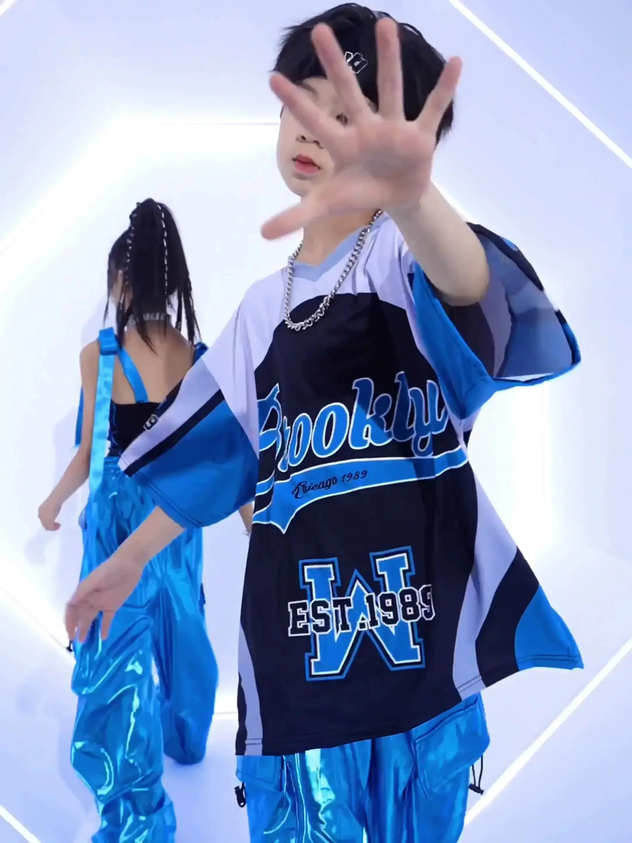 Kids Jazz Fashion Clothes Boys Girls Hip Hop Oversize Tops Pants Runways Show Outfit Cool Bright Blue Street Dance Costume image 4