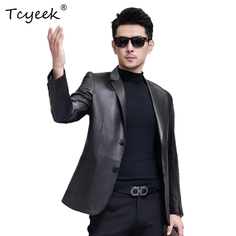 

Tcyeek Real Sheepskin Spring Autumn High End Trendy Suit Collar Black Men Genuine Leather Jacket Jaqueta De Couro Masculina