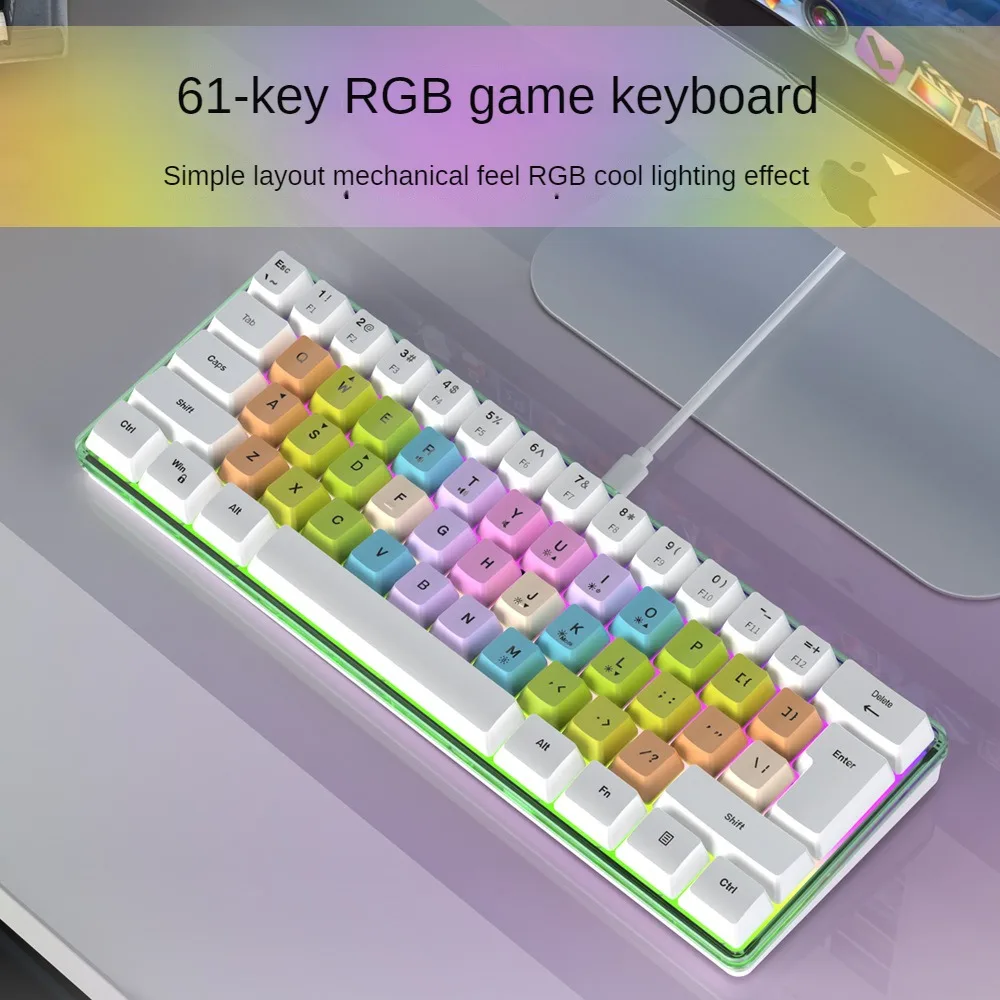 Y-FRUITFUL 61-key K401 seven-colour patchwork keycaps mechanical feel keyboard RGB lights universal gaming office wired keyboard