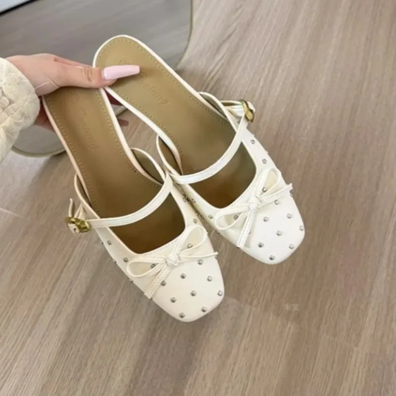 

French women's outer wear summer inner heightened square head rivet bow lazy women's shoes Baotou slippers