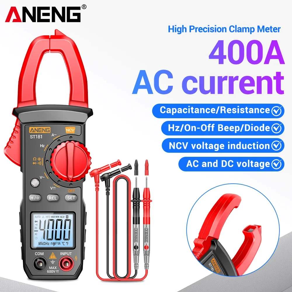 ANENG ST181 Clamp Multimeter 4000 Counts 600V AC/DC 400A Current NCV Resistance Capacitance Diode Tester for Electricians